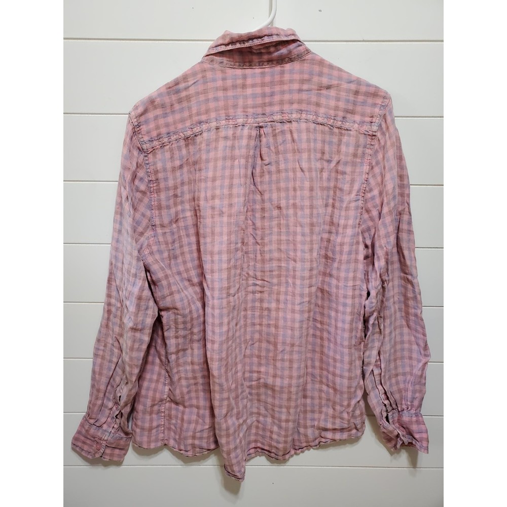 Fiji womens size M long sleeve button up 100 linen pink light blue checkered - Picture 3 of 4